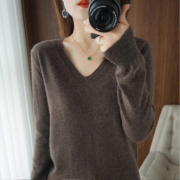 Dame V-Hals Strikket Pullover Sweater Langærmet Uldtrøjer Mørk Kaffe Dark Coffee
