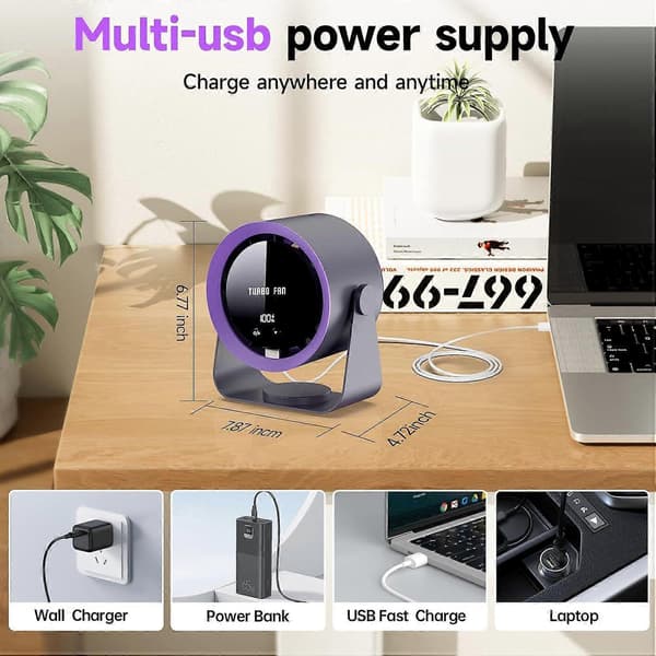 Desktop Turbo Ventilator, USB genopladelig cirkulationsventilator med LED digitalt display, 100 hastigheder Dark gray