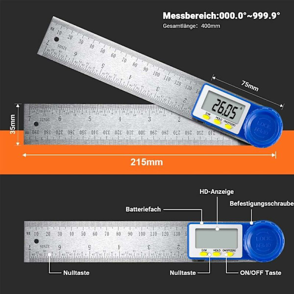 Målelineal Rustfrit Stål Digital Display Vinkelmåler Høj Præcision Multifunktionel Lineal 200mm