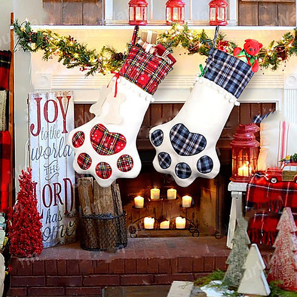 Juldekorationer, julstrumpor, presentpåsar, julstrumpor med hundtass (blå hundtass-strumpa)