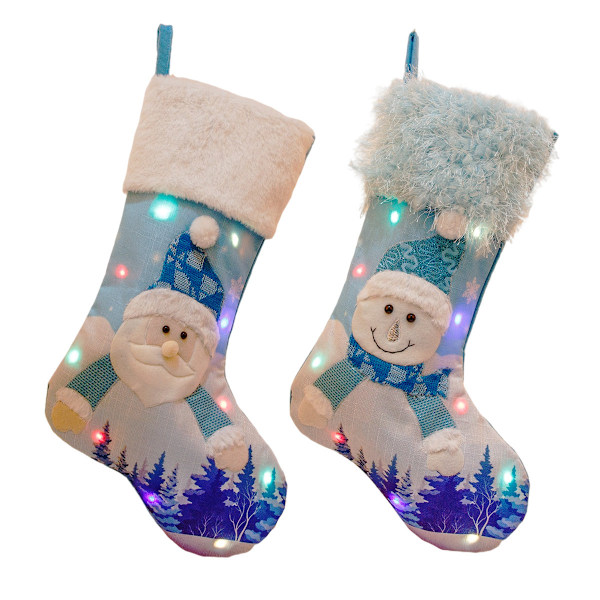 Julstrumpor med Ljus, Blå Gammal Man Snögubbe Broderi, Stor Självlysande Presentpåse Julklappsstrumpor (Jultomte Stil A)