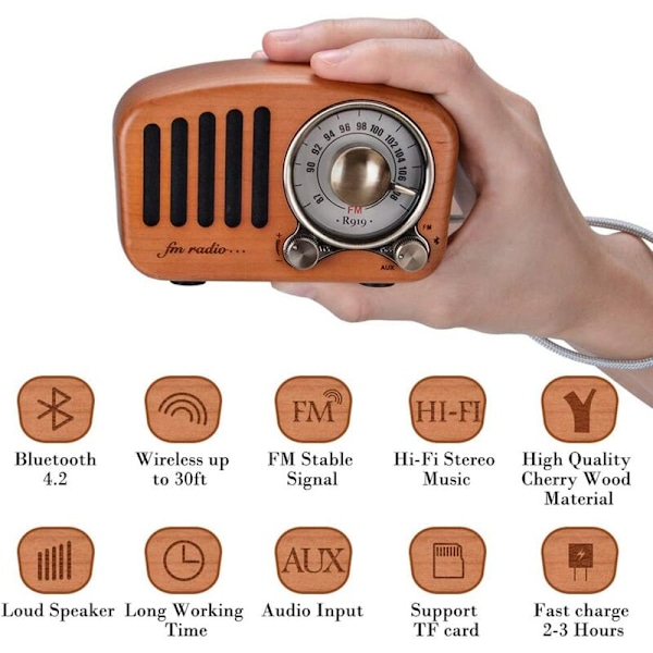 Bärbar Radio Bluetooth Högtalare Handgjord Retro Trä Bluetooth 4.2 Mini Högtalare med Super Bass Subwoofer med FM Radio Audio Input Jack