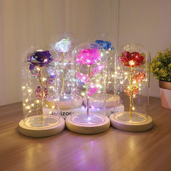 Glaslock Bevarad Blomma Guld Folie Rosblomma med Varma LED-lampor, Alla hjärtans dag och Julklappar (01),