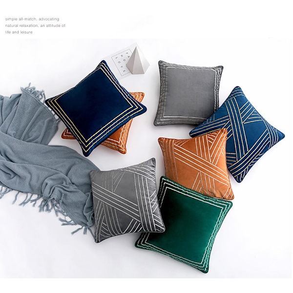 Holland Sammet Broderad Kuddfodral, Geometriska Linjer, Modern Lätt Lyx Soffkuddfodral (Blå, 45*45cm),