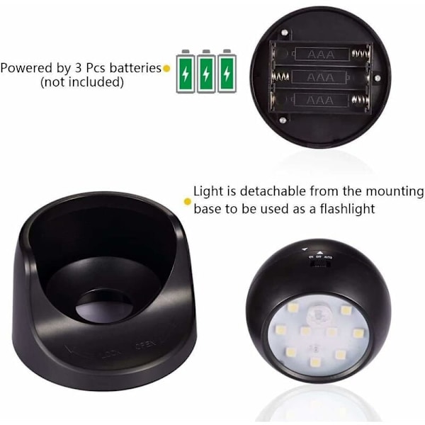 360 graders roterende super lysstærk 9LED smart sensor sort lys positivt hvidt lys