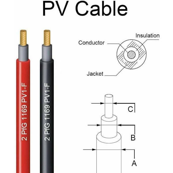 5 metriä 12 AWG aurinkopaneelin jatkojohto MC4 naaras- ja urosliittimillä (5m punainen + 5m musta)
