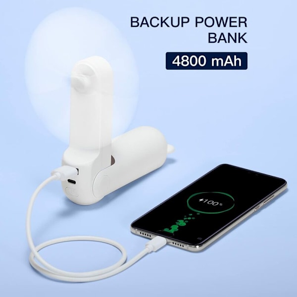 Portabel Fläkt med 4800mAh Powerbank, Max Batteritid 46 Timmar, Batteridriven Handhållen Fläkt, 3 Hastigheter - Vit