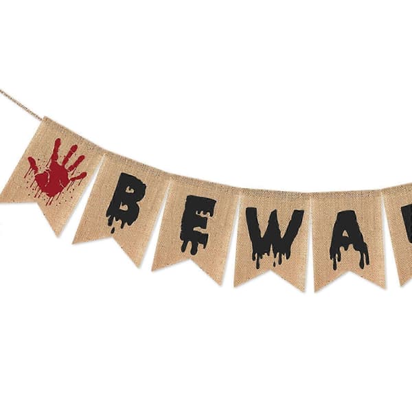 Halloween Beware Burlap Banners Holiday Party Decor Pull Flag Fireplace Ornament B B