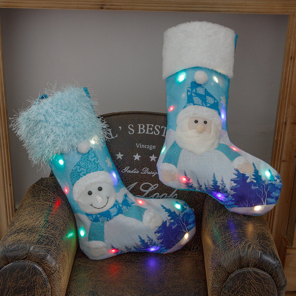 Julstrumpor med Ljus, Blå Gammal Man Snögubbe Broderi, Stor Självlysande Presentpåse Julklappsstrumpor (Jultomte Stil A)