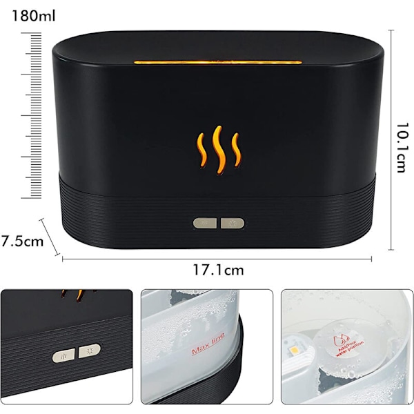 Aromadiffuser för eteriska oljor, aromadiffuser med flameffekt, luftfuktare med 2 ljusstyrkor nattlampa, automatisk avstängning vid vattenbrist, USB