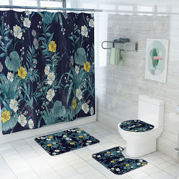 Bruseforhæng Fire-delt Toiletmåttesæt Håndmalet Blomsterprint Vandtæt Bruseforhæng, Y02,