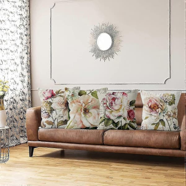 Sæt med 4 Retro Rose Blomst Beige Sofapuder Vaskbart Polyester Hør Tekstil Dekorativ - ya01