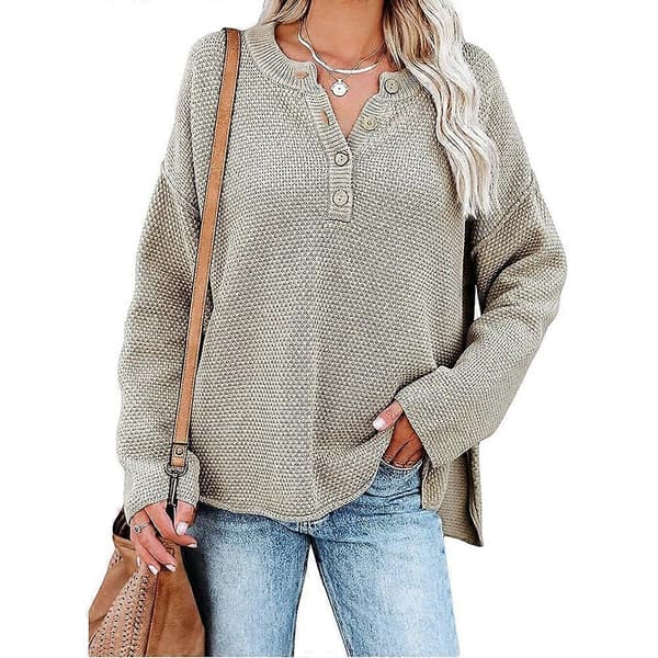 Dame V-hals langærmet sweater med knapper, vaffelstrikket pullover til efterår og vinter, Khaki L Khaki M