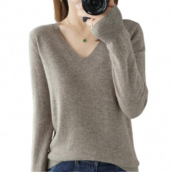 Dame V-hals Strikket Pullover Sweater Langærmet Uld Top Mørk Camel Dark Camel