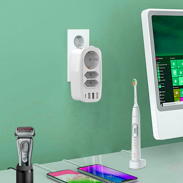 7 i 1 EU-kontaktadapter, grenuttag med USB A/Typ C-portar, uttagsförlängare