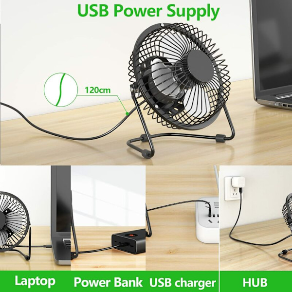 Mini USB -tuuletin, 360 asteen kierto, 4 tuuman kannettava hiljainen pöytätuuletin työpöydälle, lastenrattaisiin, kotiin, toimistoon, retkeilyyn, matkustamiseen - Musta