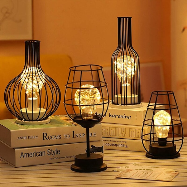 Dekorativ Bordlampe, Retro Bordlampe, Bur-stil, Natlampe, Retro, Batteridrevet, Skrivebordslampe til Soveværelse [Energiklasse A]
