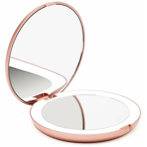 Belyst Ficksspegel, 1x/10x Förstoring - LED Sminkspegel med Naturligt Ljus, 5\" Diameter, Kompakt och Portabel för Resor (Roséguld)