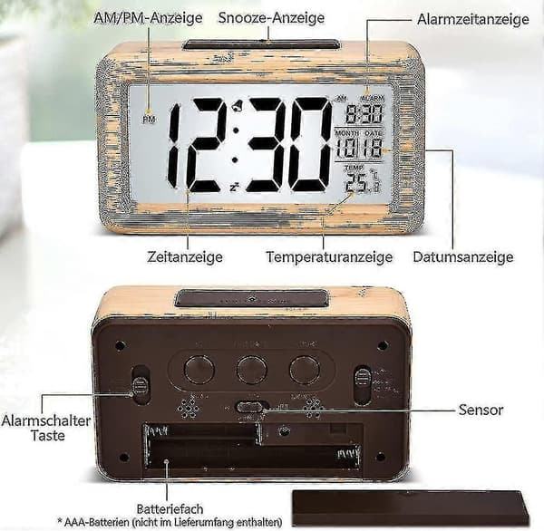 Digital väckarklocka i trä med LED-display, digital väckarklocka