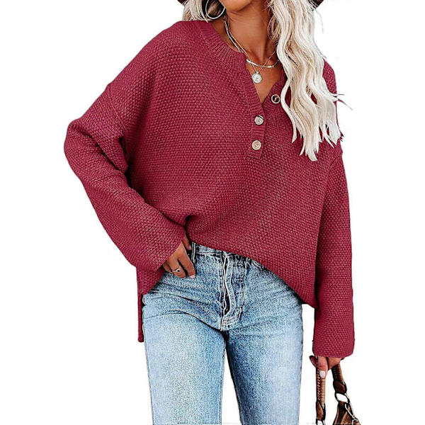 Dame V-hals langærmet sweater med knapper, vaffelstrikket pullover til efterår og vinter, Pulm M Pulm S