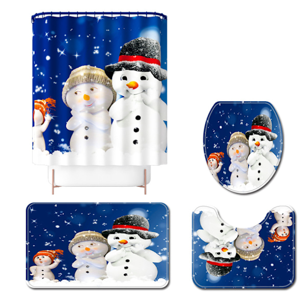 Jul Snögubbe Serie 3D Digitaltryck Vattentätt Duschdraperi Badmatta Toalett 4-Dels Set, A04,