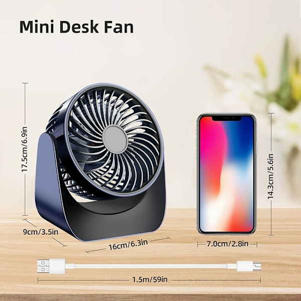 USB-tuuletin, pieni tuuletin, 360° kääntyvä kannettava mini-USB-tuuletin hiljainen, 3 nopeutta pöytätuuletin toimistoon/autoon/matkalle