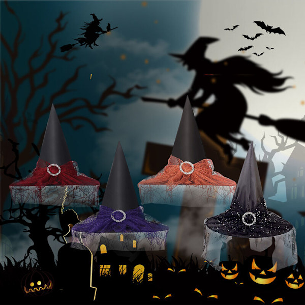 Halloween Kostume Tilbehør, Voksen Børn Mesh Troldmandshat, Hekse Hovedbeklædning Hat, Rød - Rød