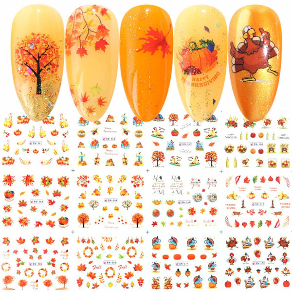 Självhäftande Nagelkonst Folie Stickers, 12 st 3D Thanksgiving Nageldekaler Pumpa Lönnlöv Nagelkonst Stickers för Kvinnor Nageldekorationer