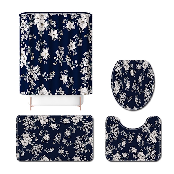 Liten fräsch blommönstrad serie rosa toalettgolvmatta polyester duschdraperi fyrdelad, A5,