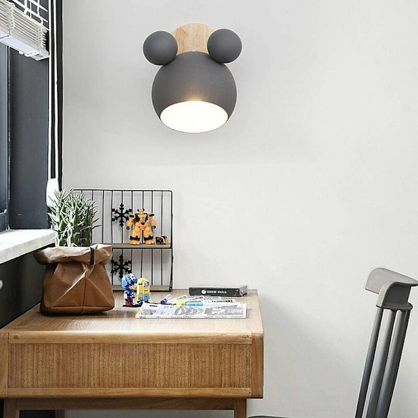 Nordisk Stil Sød Træbjørn Indendørs Væglampe Sengelampe Øjenbeskyttelse Bordlampe Soveværelse Stue Børneværelse Lamper (Grå)