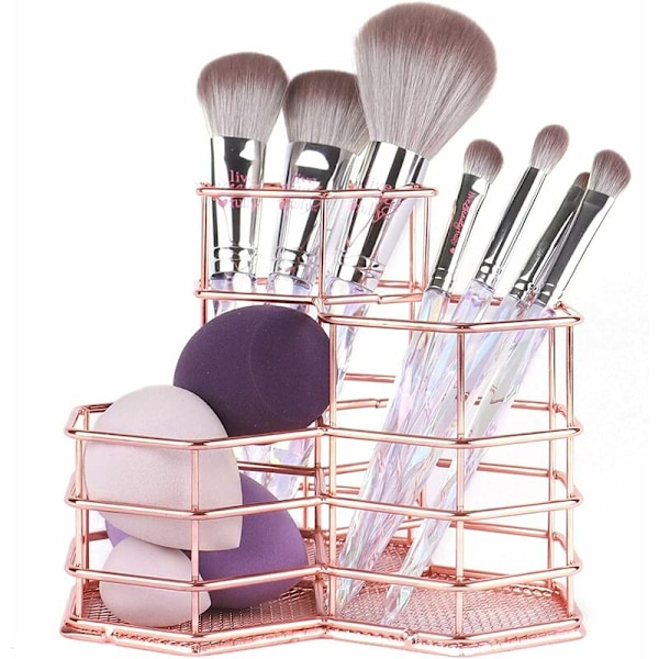 Makeup Børsteholder Organizer, Rosaguld Skrivebordsoprydder Penholder/Penneholdere/Blyantkop, 3 i 1 Stilfuld Metal Skrivebordsopbevaringsorganisator til Kontorskole