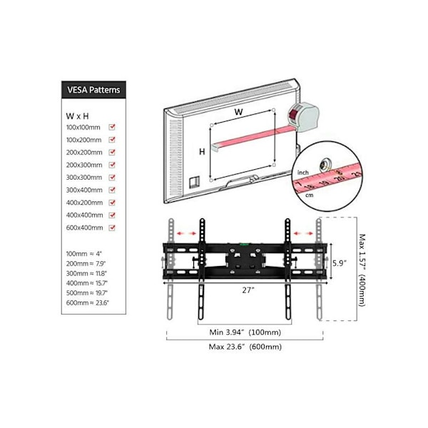Säädettävä seinäteline - TV:lle tai kaarevalle litteälle näytölle 32 - 70\", paino enintään 50 kg - VESA Max. 600 x 400 mm