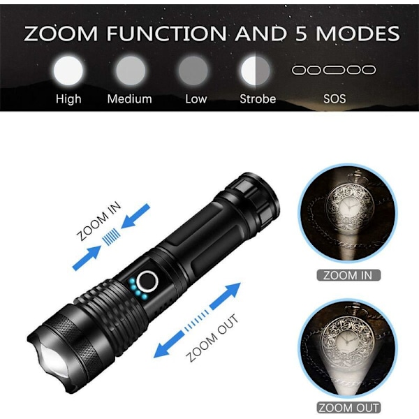 P50 Stark Ljus Ficklampa LED Teleskopisk Zoom USB-Laddning Utomhus Spotlight Ficklampa (med USB-kabel + 18650 Batteri)