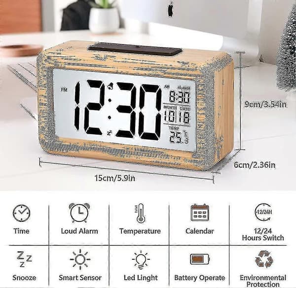 Digital väckarklocka i trä med LED-display, digital väckarklocka