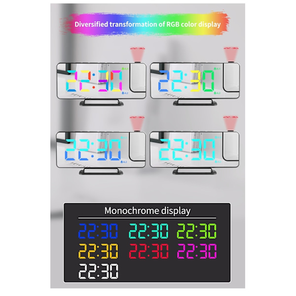 Väckarklocka med RGB LED 180° roterbar projektorklocka Vit Hvid