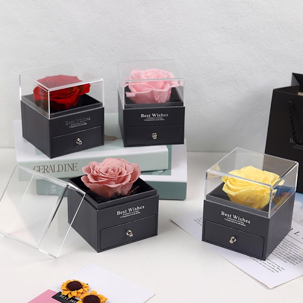 Pink Akryl Konserveret Blomst Smykke Gaveæske, Valentinsdags Gave Smykkeskuffe Blomsteræske (Rød),