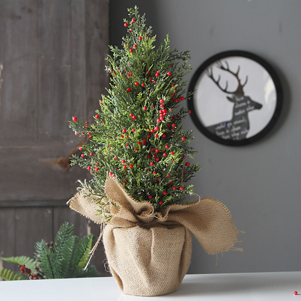 Julkontor små julgransdekorationer, konstgjord cypress, rött bärpulver julgran (rött bär snöträd 30cm)