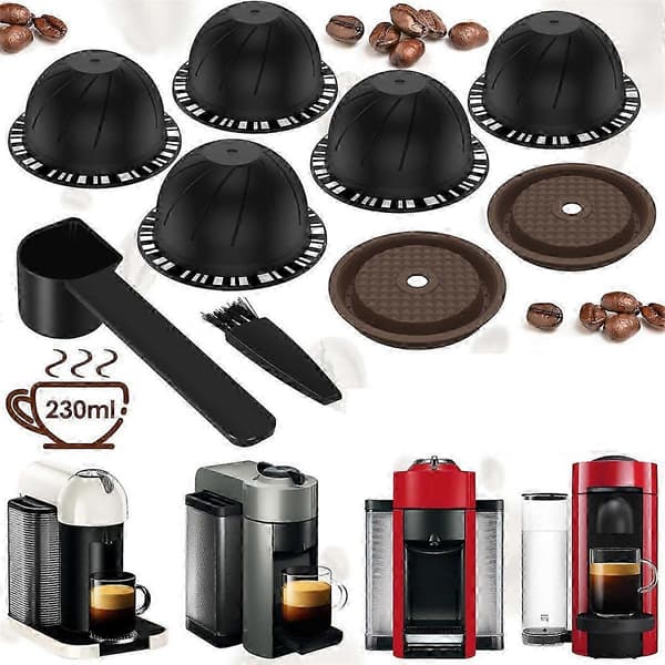 5 st Vertuo-kapslar i rostfritt stål för Nespresso med 2 silikonlock