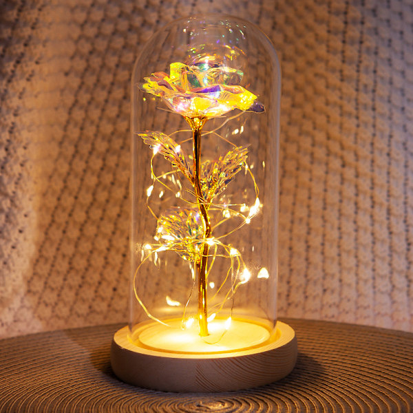 Stabiliserad blomma glaskupa, ros glaskupa, LED-ljus Alla hjärtans dag och julklapp (roséguldfärg + varm lampa + träbas),