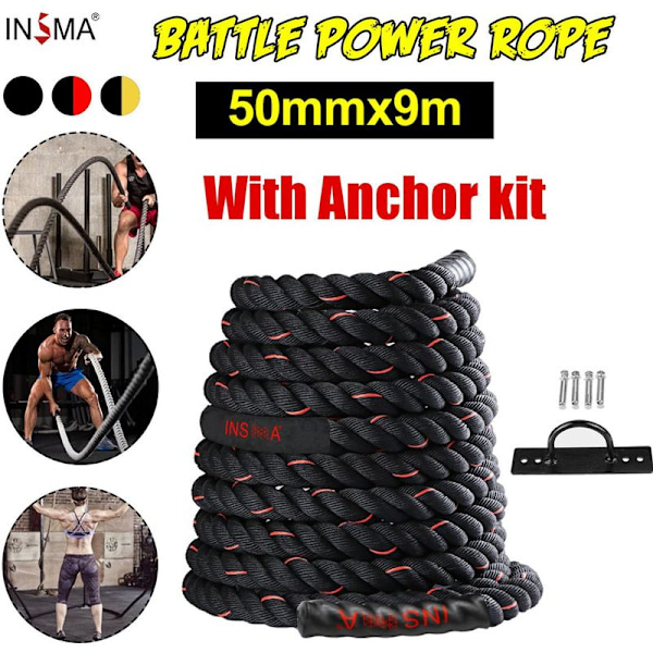 Battle Rope Fitness Aaltoliikeköysi 9m 55mm 11KG Musta TEMPSA