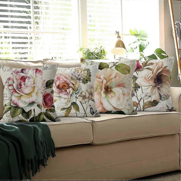 Sæt med 4 Retro Rose Blomst Beige Sofapuder Vaskbart Polyester Hør Tekstil Dekorativ - ya01
