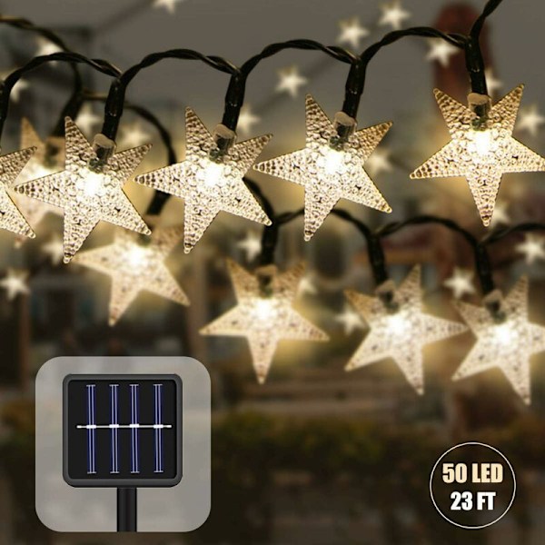 Solarslinga Utomhus 7M 50 LED Vattentät Stjärna Sollampa Juldekoration för Fest, Bröllop, Trädgård, Butik, Utomhus Hem (Gul)