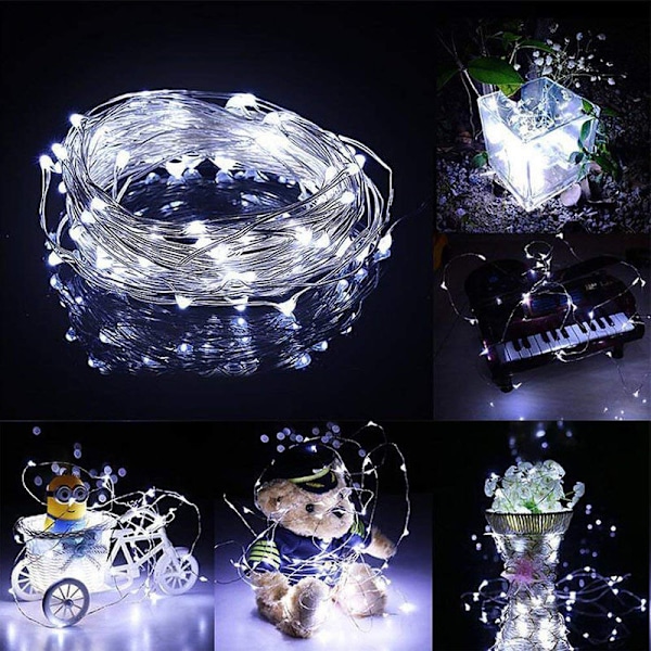 100 200 LED solardrivna koppartrådslampor utomhus, vattentäta, 12 meter, 100 lampor, 8 funktioner, vitt ljus