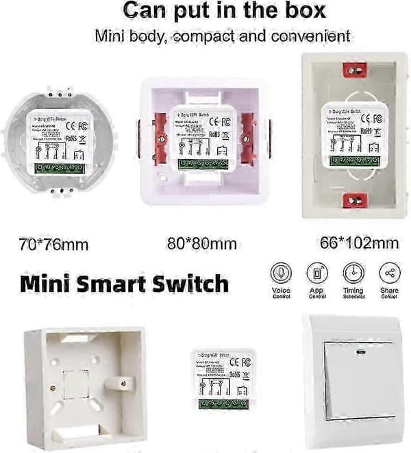 Mini Smart Light Switch DIY Breaker Module, AC/DC WiFi-brytare kontrollerad av Smart Life/Tuya App, Stöder 1-vägs eller 2-vägs