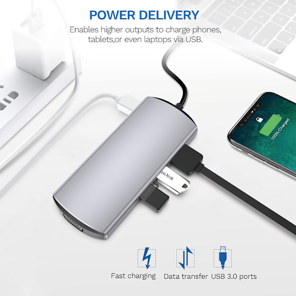 9-in-1 USB-C -keskitin useilla porteilla, mukaan lukien HDMI, VGA ja Ethernet