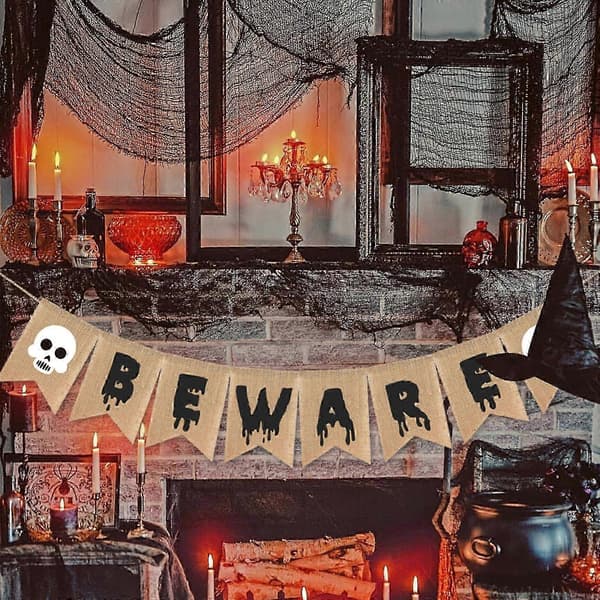Halloween Beware Burlap Banners Holiday Party Decor Pull Flag Fireplace Ornament B B