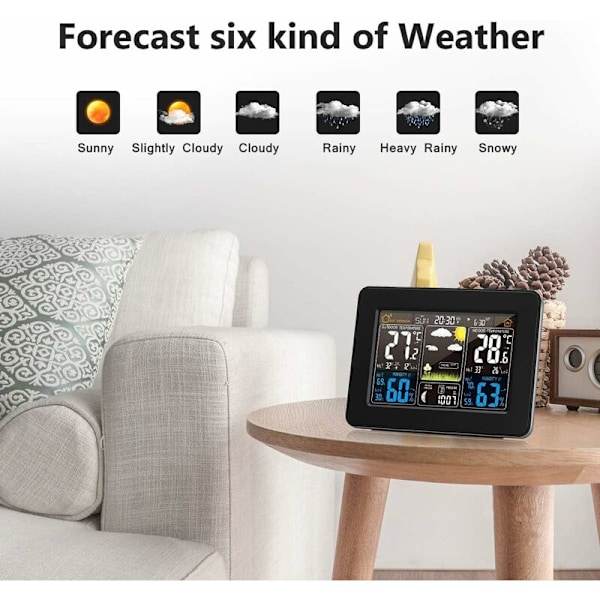 Trådlös väderstation med larm och temperatur/fuktighet/barometer/alarm/månklocka/väder med utomhussensor digital färgdisplay PT3365
