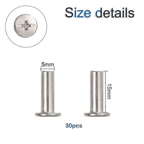5 mm x 15 mm sølvfarvede Chicago-bindeskruer, 30 stk. til læderarbejde