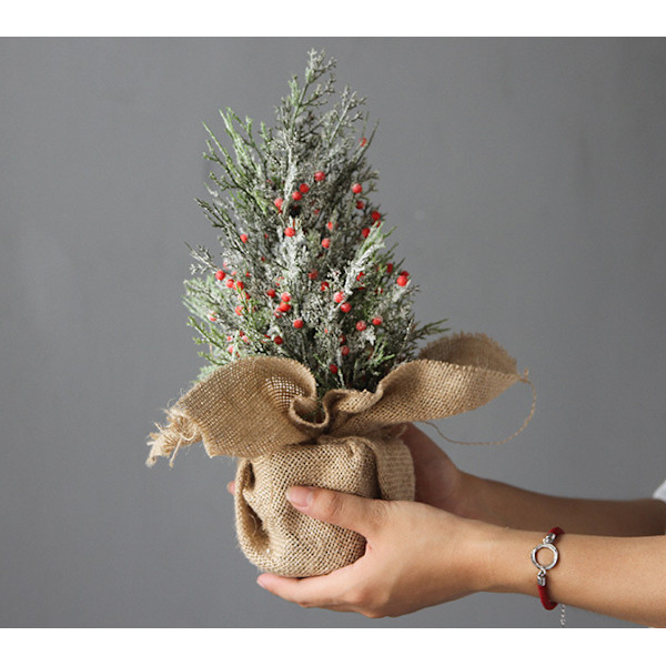 Julkontor små julgransdekorationer, konstgjord cypress, rött bärpulver julgran (rött bär snöträd 30cm)