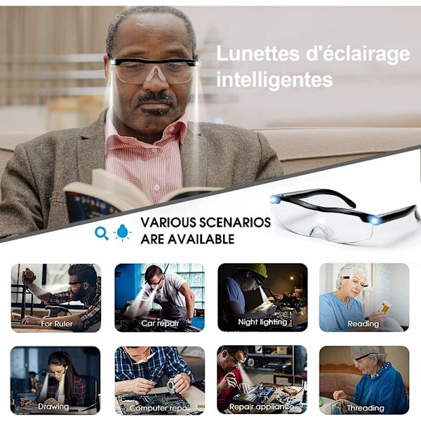 Lukulasit - Suurennuslasi LED-valolla, 160 % suurennus, lukemiseen, kaikkiin tarkkuutta vaativiin töihin, ompeluun, korjauksiin, kelloihin ja askarteluun